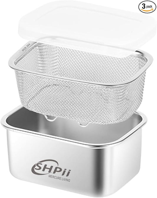 Square Colander Set,304 Stainless Steel with PE Lid,Storage Container,Prep,Tofu Drainer,Shellfish Drainer,Back of House Preparation,Refrigerator Storage,Picnic Party (1100ML)