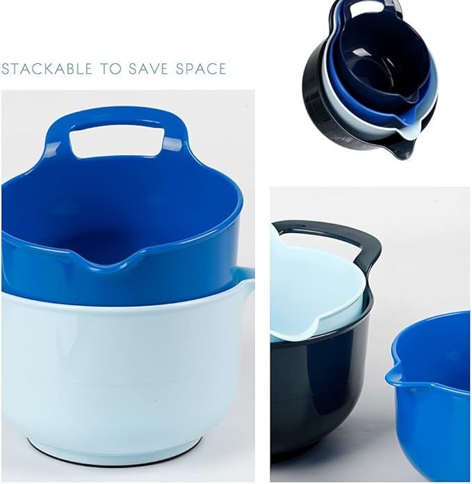 BoxedHome 4 Pack Nesting Mixing Bowls with Pour Spout and Handle, Plastic Large Mixing bowl BPA free Microwave & Dishwasher Safe(Blue, 4 Pack with Handle) - Image 4