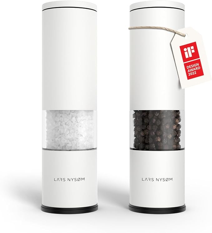 LARS NYSØM Salt and Pepper Grinder Set Manual, Stainless Steel Salt and Pepper Mills with Adjustable Ceramic Grinder I Design Spice Shakers (Pure White) by LN