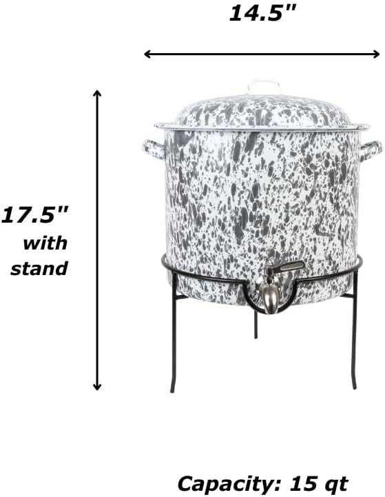 Enamelware Beverage Dispenser with Rack, 15 quart, Grey/White Splatter