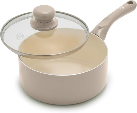 GreenLife 2 Quart Nonstick Saucepan with Lid, Non-Toxic Ceramic Pot, Dishwasher Safe, Stay-Cool Handle, Induction Ready, Fast Heating, PFAS/PFOA Free, Easy Clean, Beige Taupe by GreenLife