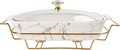 12" x 8" Ceramic Casserole Dish with Glass Lid and rack, 1.6 Quart Serving Soup Tureen,Chafing Dish for Buffet, Family Food preserve Tray, Catering Casserole for Party Style
