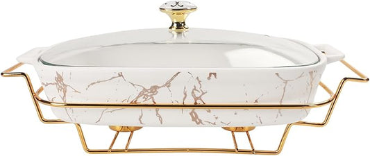 12" x 8" Ceramic Casserole Dish with Glass Lid and rack, 1.6 Quart Serving Soup Tureen,Chafing Dish for Buffet, Family Food preserve Tray, Catering Casserole for Party Style