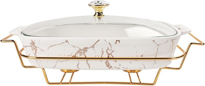 13" x 9" Ceramic Casserole Dish with Glass Lid and rack, 2.2 Quart Serving Soup Tureen,Chafing Dish for Buffet, Family Food preserve Tray, Catering Casserole for Party Style