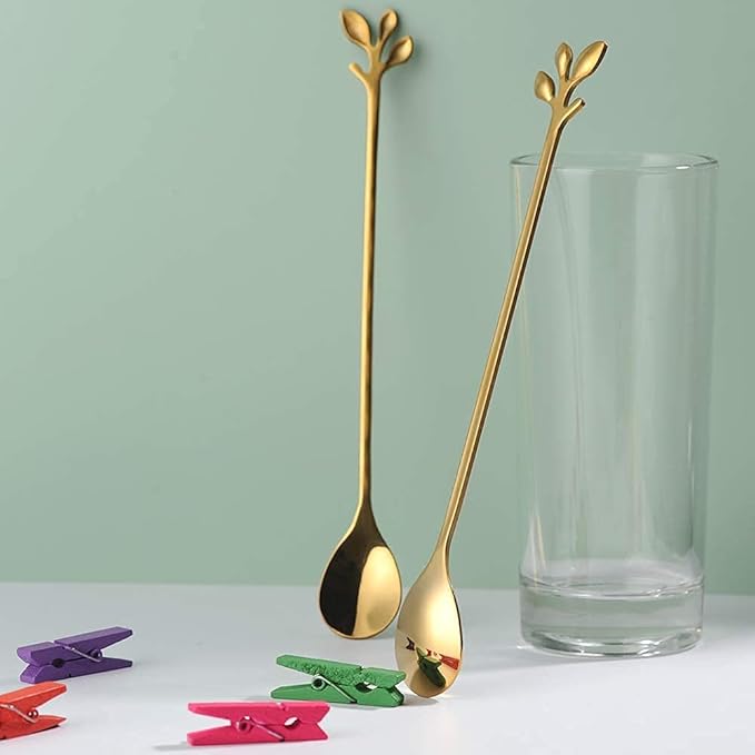 AnSaw 6-Piece Elegant Gold Leaf Long Handle Teaspoons - 7.4" Stainless Steel Stir Spoons for Coffee & Tea, Perfect for Mixing & Stirring - Image 6