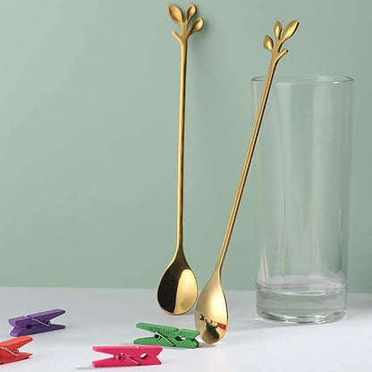 AnSaw 6-Piece Elegant Gold Leaf Long Handle Teaspoons - 7.4" Stainless Steel Stir Spoons for Coffee & Tea, Perfect for Mixing & Stirring - Image 6
