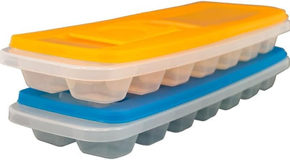 Set of 2 Ice Cube Trays - 14-Cube Spill-Resistant, Easy-to-Fill Trays with Lids for Freezing Food, Water, and Juice (Multicolor)