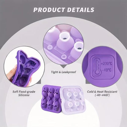 Skull Ice Cube Mold, 6-Cavity Silicone Ice Tray for Whiskey, Cocktails, and Beverages, Food-Grade Flexible Ice Maker for Halloween & Party Drinks, Easy Release & Dishwasher Safe (Purple)