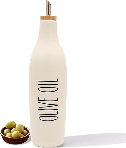 HOMCDALY Ceramic Olive Oil Dispenser for Kitchen, Stoneware 16oz Oil Cruet and Vinegar Bottles Dispenser, Kitchen Dispenser Bottle for EVOO Vinegar Syrups, Modern Farmhouse Design(W-O) by HOME