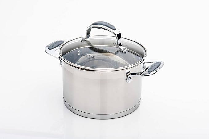 David Burke Gourmet Pro Stature Stainless Steel 4-Qt Sauce pot with Glass Straining Lid and Pour Spouts, EZ-Grip Riveted Handles for Durability and Control, Oven Safe - Brushed Gray