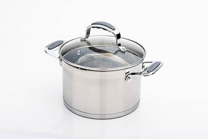 David Burke Gourmet Pro Stature Stainless Steel 4-Qt Sauce pot with Glass Straining Lid and Pour Spouts, EZ-Grip Riveted Handles for Durability and Control, Oven Safe - Brushed Gray