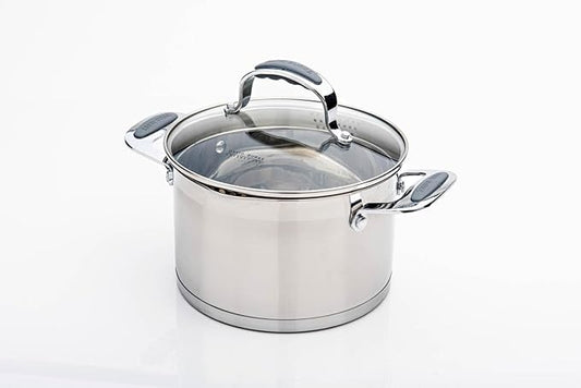 David Burke Gourmet Pro Stature Stainless Steel 4-Qt Sauce pot with Glass Straining Lid and Pour Spouts, EZ-Grip Riveted Handles for Durability and Control, Oven Safe - Brushed Gray