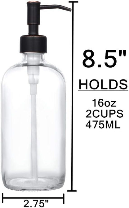 2 Pack Thick Clear Glass Pint Jar Soap Dispenser with Oil Rubbed Bronze Stainless Steel Pump, 16ounce Clear Boston Round Bottles Dispenser with Rustproof Pump for Essential Oil, Liquid Soap