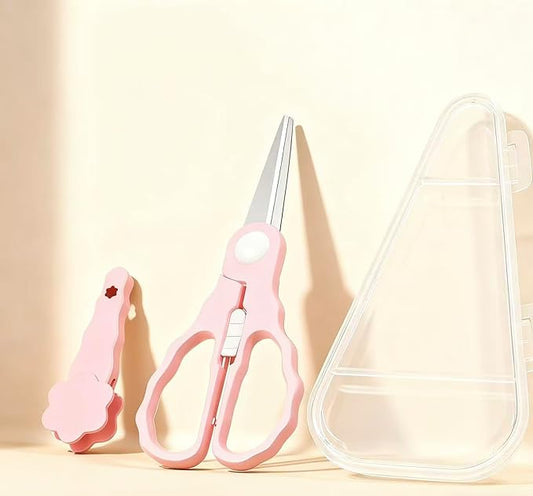 Baby Food Scissors with Travel Case, Portable Stainless Steel Shears with Safety Lock, Dishwasher Safe, Kitchen Scissors, Healthy Food Cutter with Dust Cover, Pink