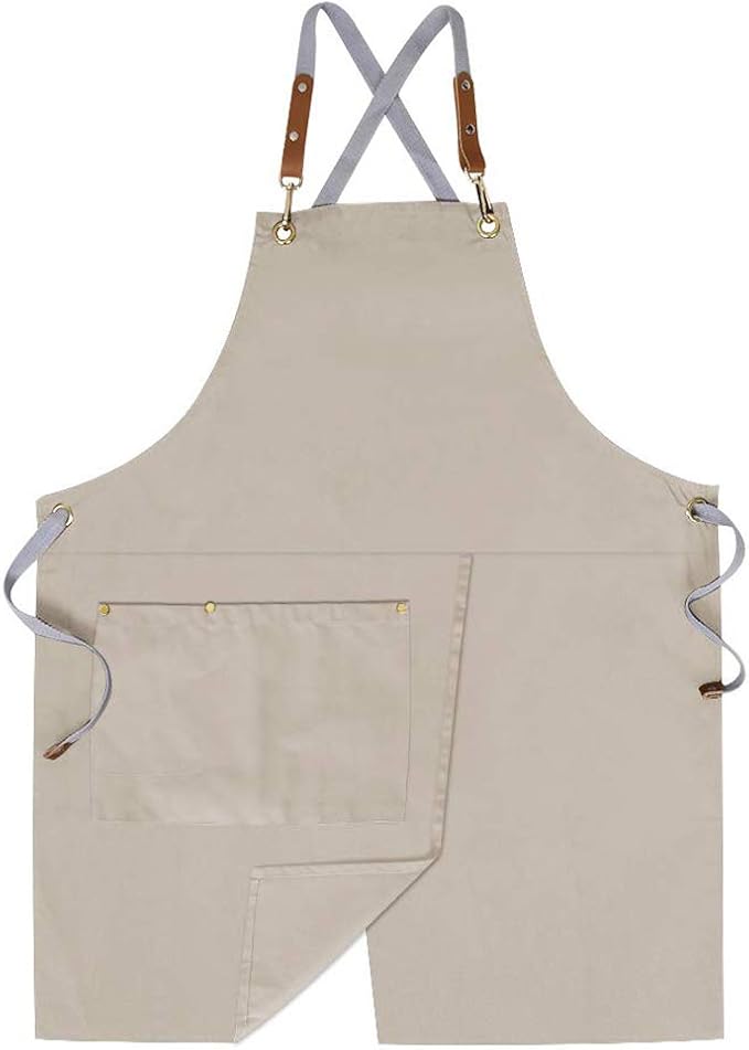 Mignongirl Crossback Apron with Pockets x2,Split Apron with Adjustable Straps,M-XXL (Beige) by Mignongirl