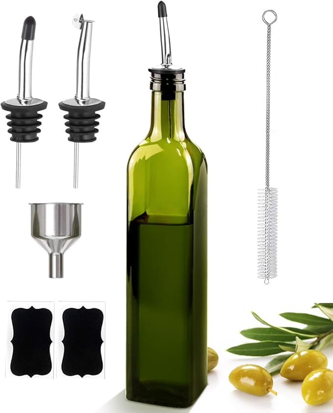 Leaflai Olive Oil Dispenser Bottle, 17oz Glass Olive Oil Dispenser and Vinegar Dispenser Set 500ml Green Glass Oil Bottle Dispenser with Pourers,Funnel and Brush by Leaflai
