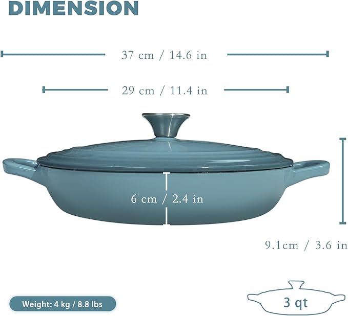 Flavehc Braiser Enameled Cast Iron Braiser 3 qt Braiser Pan with Lid Slateblue Shallow Cast Iron Casserole Braiser Pan with Handels