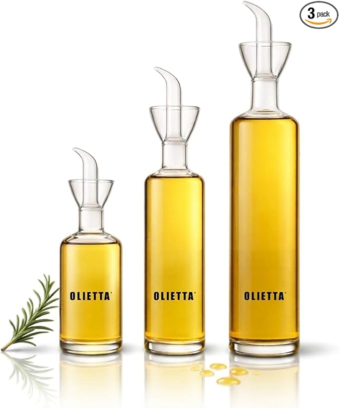 Olietta Oil Dispenser Borosilicate Glass Olive Oil Bottle Multipack Bundle - 3 Bottles - 17 oz, 8.5 oz and 4.2 oz - Non Drip Dispenser - Leak Proof Pourer Vinegar Drizzler by Olietta
