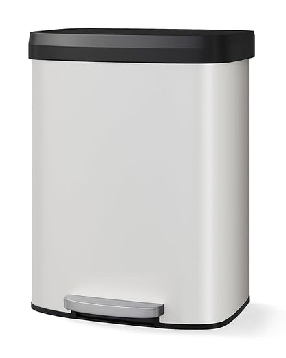 Garvee 16 gal / 60 L Metal Trash Can with Lid, Large Garbage Can for Kitchen, Rustproof Step-on Kitchen Metal Trash Bin with Liner Rim, Rear Handle, Soft Close Plastic Lid, White by Garvee