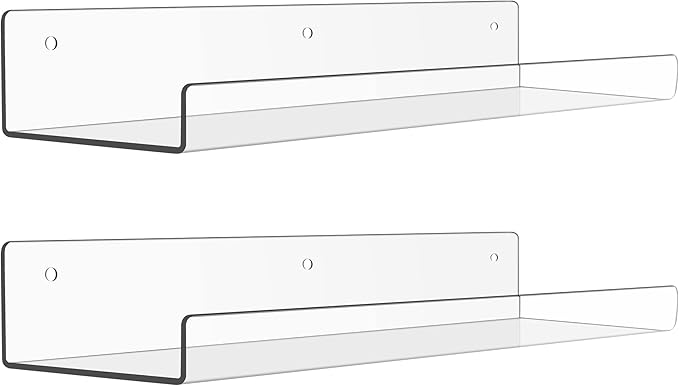 upsimples Acrylic Shelves for Bathroom Storage, 15" Floating Shelves Wall Organizer for Perfume, Make up, Skincare, Kids Bookshelf for Bedroom, Nursery, Living Room Decor, Clear, 2 Pack by upsimples