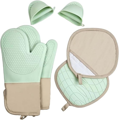 6-Piece Silicone Oven Mitts Set, Heat Resistant Kitchen Gloves with Soft Cotton Lining, Pot Holders & Mini Mitts for Cooking, Baking, BBQ – Light Green
