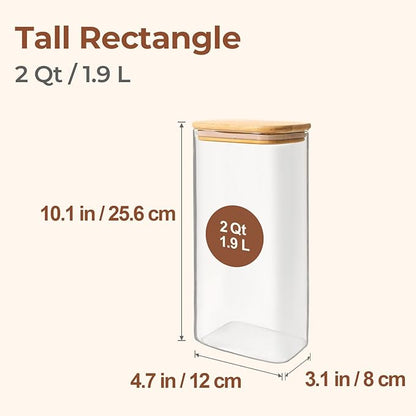 ComSaf 2 Qt Rectangle Glass Storage Containers with Lids, Glass Jars with Bamboo Lids, Clear Food Jar, Square Canister Set of 3, Pantry Organizers and Storage for Flour Pasta Coffee Bean - Image 2