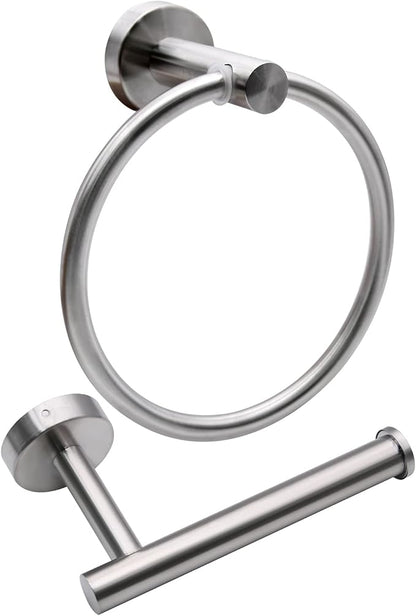 2pcs Brushed Nickel Toilet Paper Holder and Towel Ring Set, Stainless Steel Hand Towel Holder and Towel Hanger with Hardware Pack