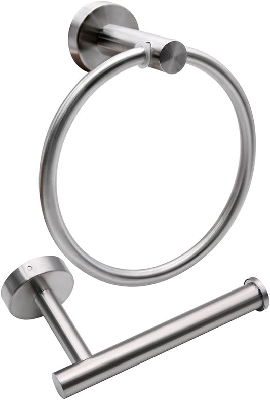 2pcs Brushed Nickel Toilet Paper Holder and Towel Ring Set, Stainless Steel Hand Towel Holder and Towel Hanger with Hardware Pack