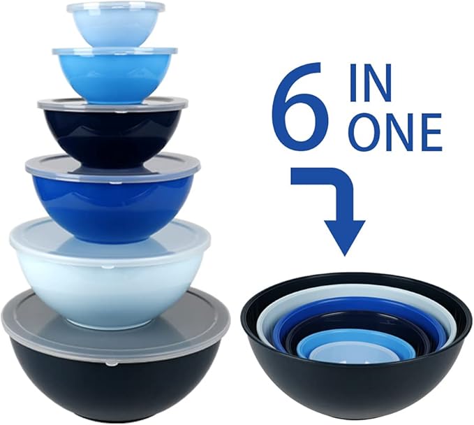BoxedHome BPA Free Plastic Round Mixing Bowl with Lids, 12 Pack Nesting Bowls with Lids Set, Microwave and Dishwasher Safe Prep & Serving Bowls Great for Mixing, Baking, Serving (Blue, 12pcs) - Image 3