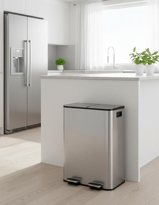 GarveeHome 2 x 8 gal Stainless Steel Double Trash Can with Lid for Kitchen, Large Dual Trash and Recycle Bin Combo, Step-on Kitchen Metal Garbage Cans, PP Inner Buckets, Liner Rim - Image 7