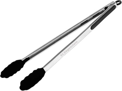 17" Kitchen Tongs with Silicone Tips, High Heat Resistant Grill Tongs in Stainless Steel by EC+ELEGANTCHAM