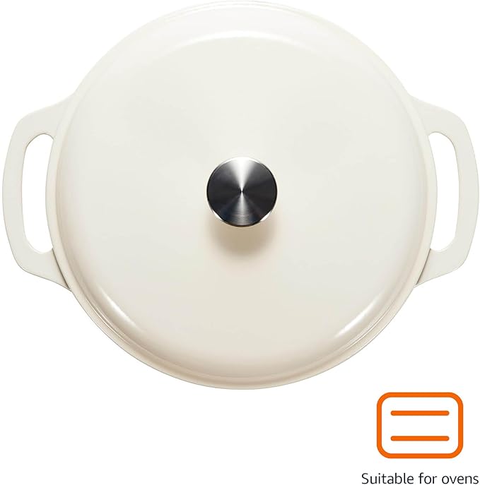Amazon Basics Enameled Cast Iron Dutch Oven Pot with Lid, Oven Safe, Heavy-Duty, Dual Handles for Baking, Roasting, Stews, Round, 6-Quart, White - Image 2
