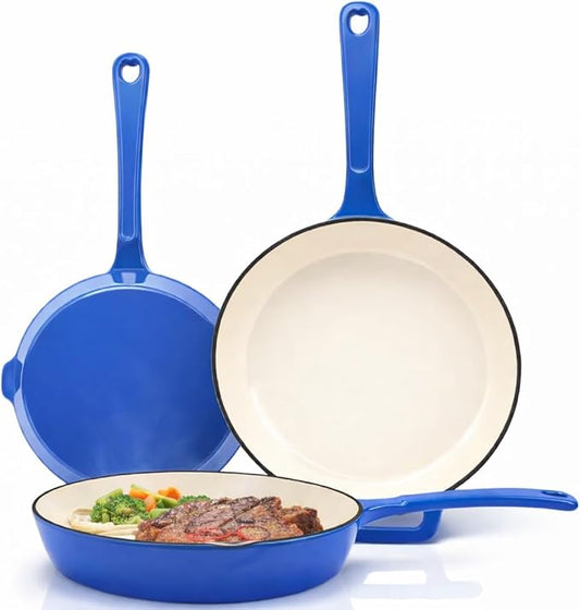 Hisencn Enameled Cast Iron Skillet - Ceramic Coated 8''/9.5''/11'' Fry Pan Set, Gas/Induction/Electric/Oven Compatible, 3 Size Frying Pans, PTFE & PFOA Free, Cast Iron Ceramic Cookware, Cobalt Blue