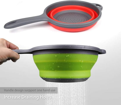 2 Pack Kitchen Foldable Silicone Strainer Colanders, Collapsible Colanders with Handles, Space-Saver Folding Strainer Colander for Draining Pasta, Vegetable (Green and Red) - Image 2