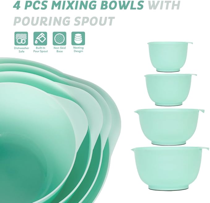 BoxedHome Nesting Plastic Mixing Bowl Set, 4 Piece Mixing Bowl Set with Pour Spouts, Size 1.7, 2.5, 3.5 and 4.5qt, for Prepping, Mixing, Baking, Cooking(2023 New Version, Green) - Image 2