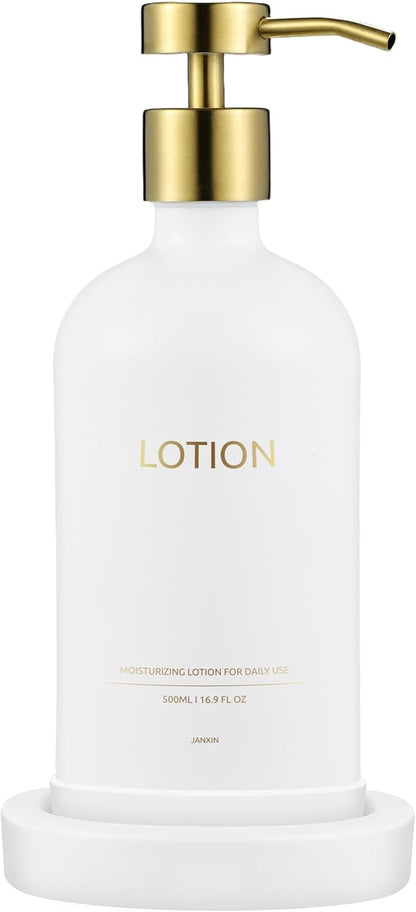 Glass Soap Dispenser Bathroom Set by Janxin, Foaming Kitchen soap Dispenser with Ceramic Tray for Dish Soap, Liquid Soap Dispenser for Hand Soap, Lotion, Body Wash (White+Gold)