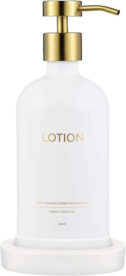 Glass Soap Dispenser Bathroom Set by Janxin, Foaming Kitchen soap Dispenser with Ceramic Tray for Dish Soap, Liquid Soap Dispenser for Hand Soap, Lotion, Body Wash (White+Gold)