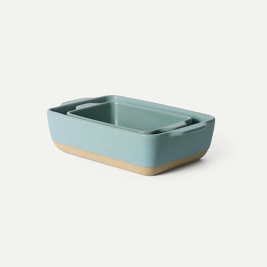 Mora Ceramic Set of 2 Baking Dishes For Casserole, Banana Bread, Brownies, Broiling, Roasting, and Baking. 7x11 in and Loaf Pans - Porcelain Serving Bakeware from Oven to Table. Freezer Safe - Iris by MORA