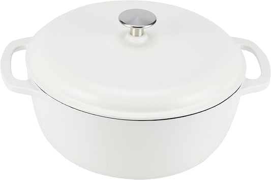 Amazon Basics Enameled Cast Iron Dutch Oven Pot with Lid, Round, Dual Handles, Heavy-Duty, Oven Safe for Stews, Roasting, Baking, 7.3-Quart, Matte White by AmazonBasics