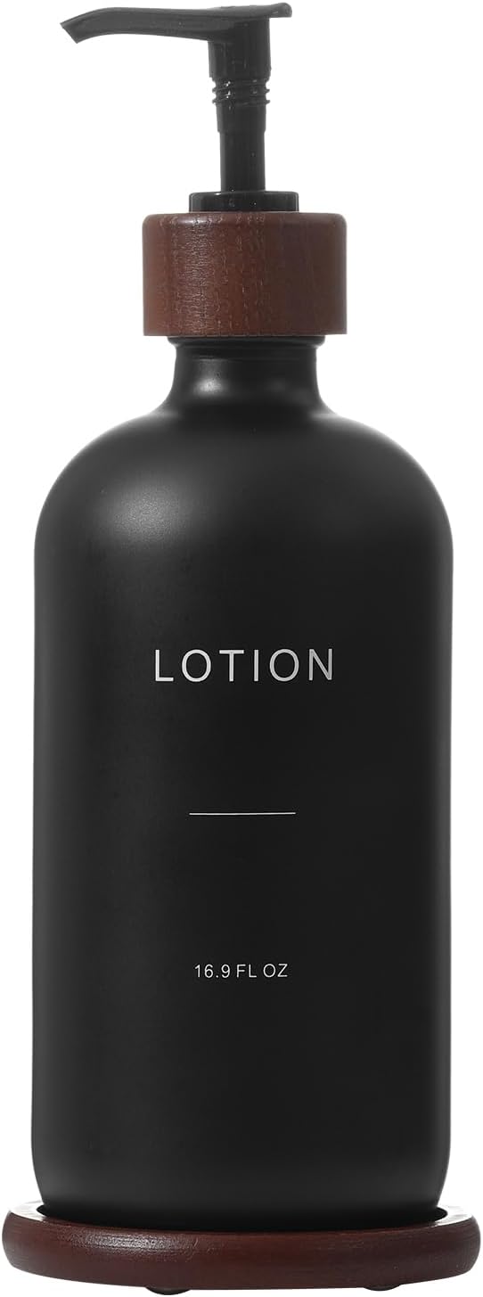 Soap Dispenser Bathroom, Refillable Lotion Dispenser with Tray, Glass Lotion Bottle with Pump, Suitable for Bathroom Countertop Soap Dispensers, Modern Home Decor. (Black)