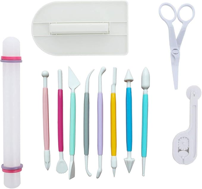 ScivoKaval Marshmallow Fondant Cake Decorating Hand Tool 12 Pcs 5 Sets Sugarcraft Gumpaste Icing Smoother Rolling Pin Trimmer Cutter Embosser Flower Scissor Modelling Accessories Supplies Kit Multi by ScivoKaval