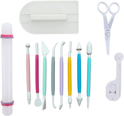ScivoKaval Marshmallow Fondant Cake Decorating Hand Tool 12 Pcs 5 Sets Sugarcraft Gumpaste Icing Smoother Rolling Pin Trimmer Cutter Embosser Flower Scissor Modelling Accessories Supplies Kit Multi by ScivoKaval