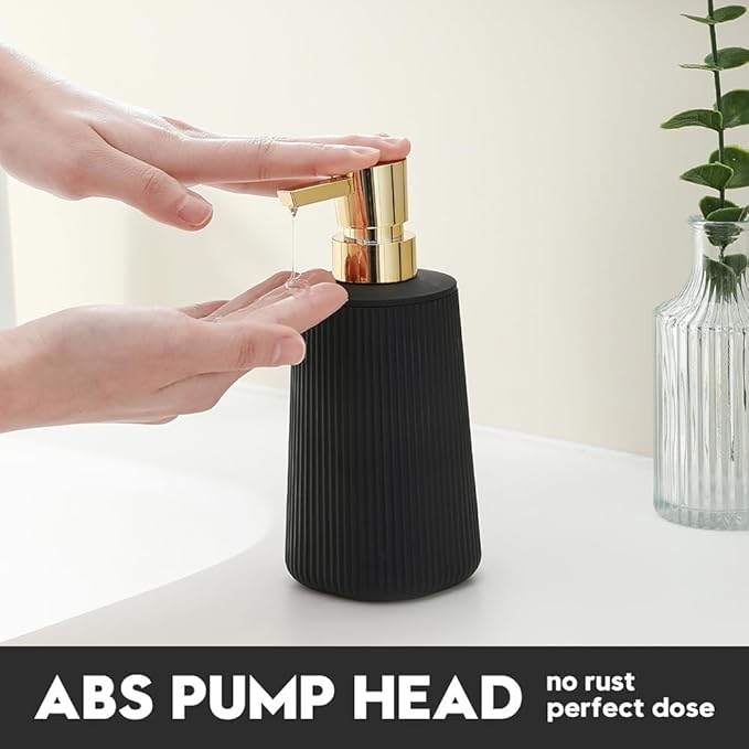 Small Soap Dispenser for Bathroom and Kitchen, Modern Farmhouse Striped Style Plastic Hand Soap Dish Soap Dispenser with Pump Matte Black and Gold - Image 3