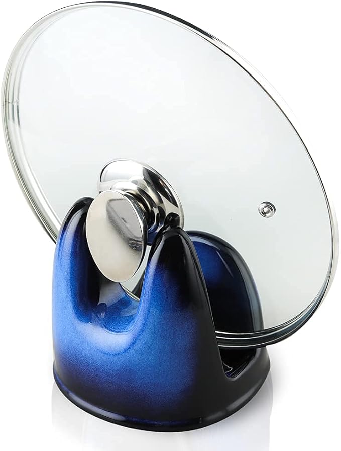 Nihow Pot Lid Holder: Stable Ceramic Pan Lid Holder for Kitchen Counter Decor/Countertop/Stove Top- Heat Resistant & Dishwasher Safe - Elegant Black & Blue (1PC) by Nihow