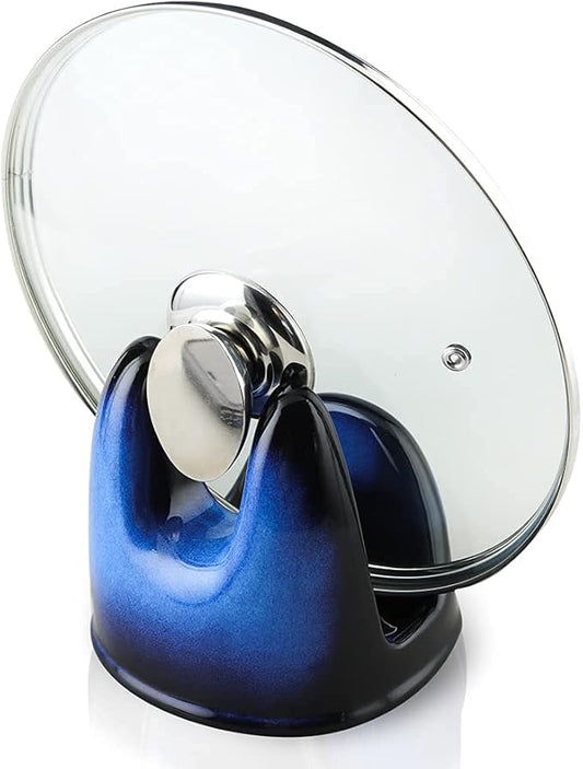 Nihow Pot Lid Holder: Stable Ceramic Pan Lid Holder for Kitchen Counter Decor/Countertop/Stove Top- Heat Resistant & Dishwasher Safe - Elegant Black & Blue (1PC) by Nihow