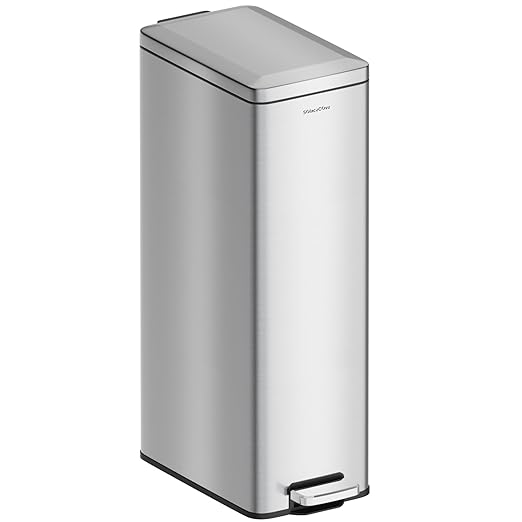 8 gallon/30L Slim Stainless Steel Garbage Can with Soft Close lid for Small Spaces，Pedal Fingerprint Proof Trash Bin with Removable Inner Bucket for Kitchen by SolaceCove
