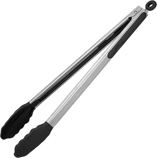 600ºF Heat Resistant Kitchen Tongs: U-Taste 16 inch Extra Long Large Silicone Cooking Tong with Sturdy Non Stick Rubber Tips & Non Slip Silicon Coated 18/8 Stainless Steel Handle for Grill BBQ (Black) by U-Taste