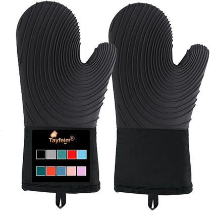 Silicone Oven Mitts-13.6 in Extended Oven Mitts Heat Resistant 500F, Oven Gloves with Soft Liner Good Grippy BPA-Free Easy to Clean Flexible-Oven Mits Set for Cooking Baking Grilling BBQ by Tayfeim