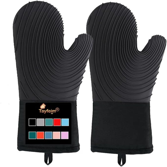 Silicone Oven Mitts-13.6 in Extended Oven Mitts Heat Resistant 500F, Oven Gloves with Soft Liner Good Grippy BPA-Free Easy to Clean Flexible-Oven Mits Set for Cooking Baking Grilling BBQ by Tayfeim