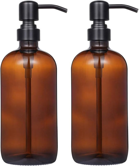 2 Pack Thick Amber Glass Pint Jar Soap Dispenser with Silver Stainless Steel Pump, 16ounce Boston Round Bottles Dispenser with Rustproof Pump for Essential Oil, Lotion Soap